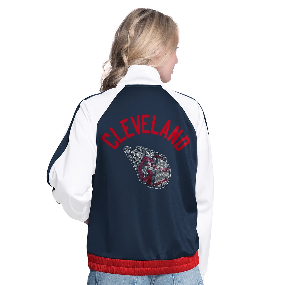 Women's G-III Sports by Carl Banks  White/Navy Cleveland Guardians Rally Rhinestone Raglan Full-Zip Track Jacket