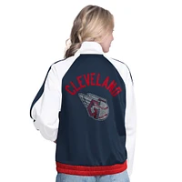 Women's G-III Sports by Carl Banks  White/Navy Cleveland Guardians Rally Rhinestone Raglan Full-Zip Track Jacket
