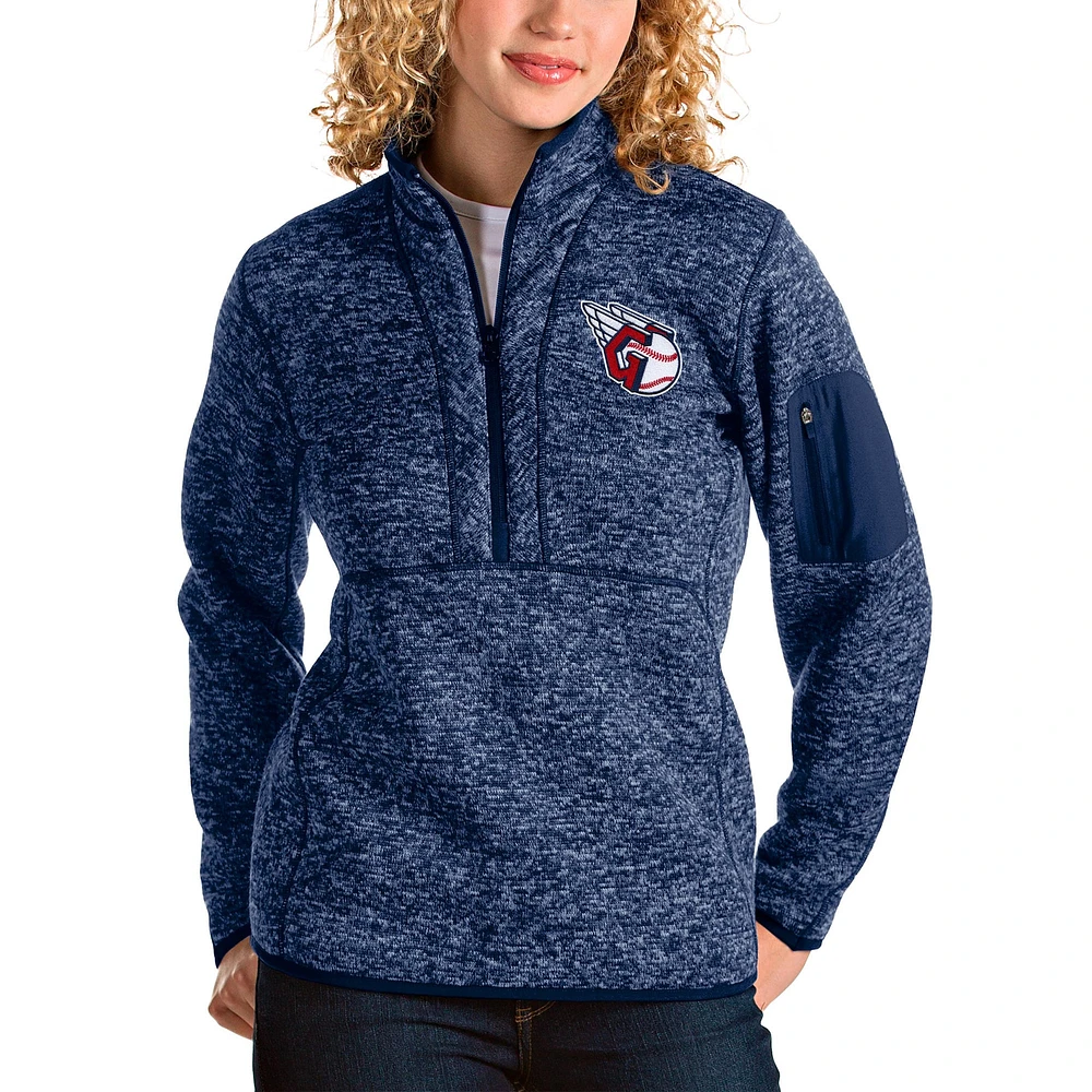 Women's Antigua Heather Navy Cleveland Guardians Fortune Quarter-Zip Jacket