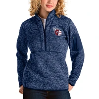 Women's Antigua Heather Navy Cleveland Guardians Fortune Quarter-Zip Jacket