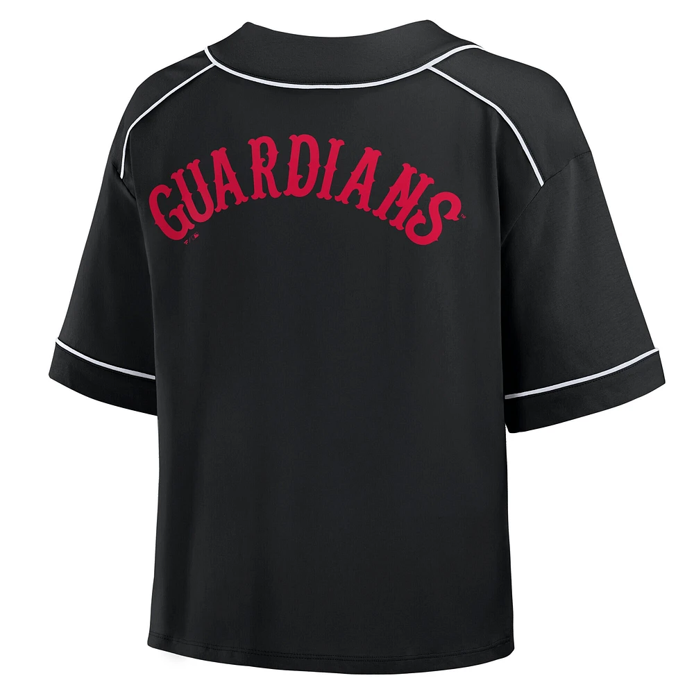 T-shirt court à col en V surdimensionné pour femme Fanatics Black Cleveland Guardians Champ Game