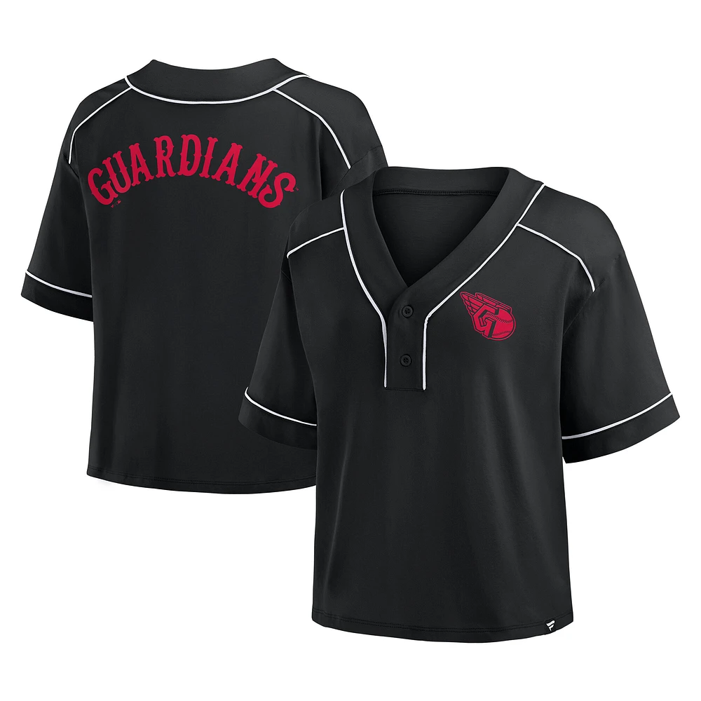 T-shirt court à col en V surdimensionné pour femme Fanatics Black Cleveland Guardians Champ Game
