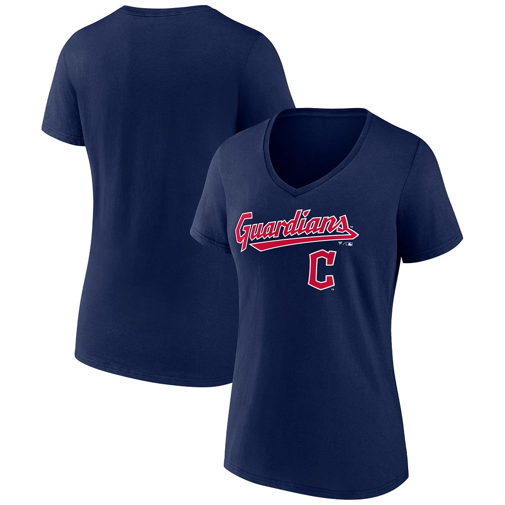 T-shirt à col en V Fanatics pour femmes, bleu marine, Cleveland Guardians Team Lockup