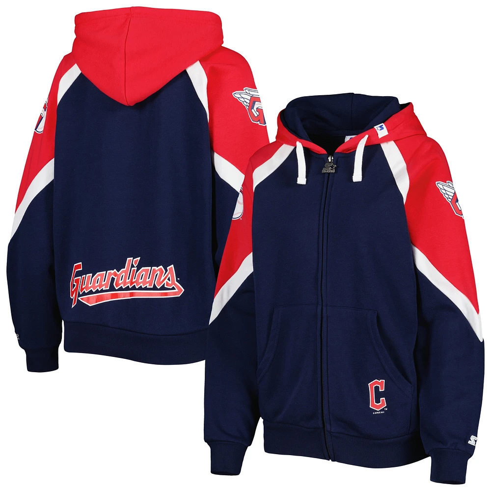 Women's Starter Navy/Red Cleveland Guardians Hail Mary Full-Zip Hoodie