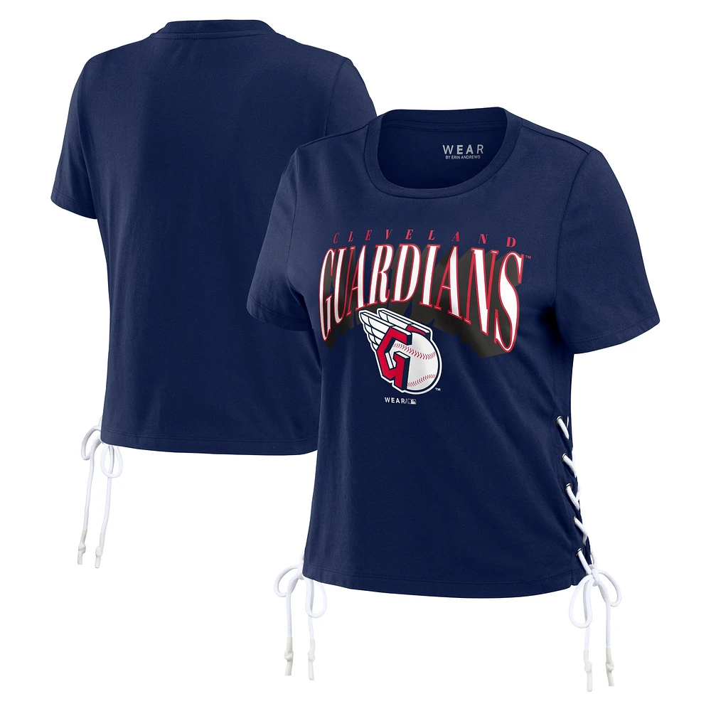 Women's WEAR by Erin Andrews Navy Cleveland Guardians Side Lace-Up Cropped T-Shirt