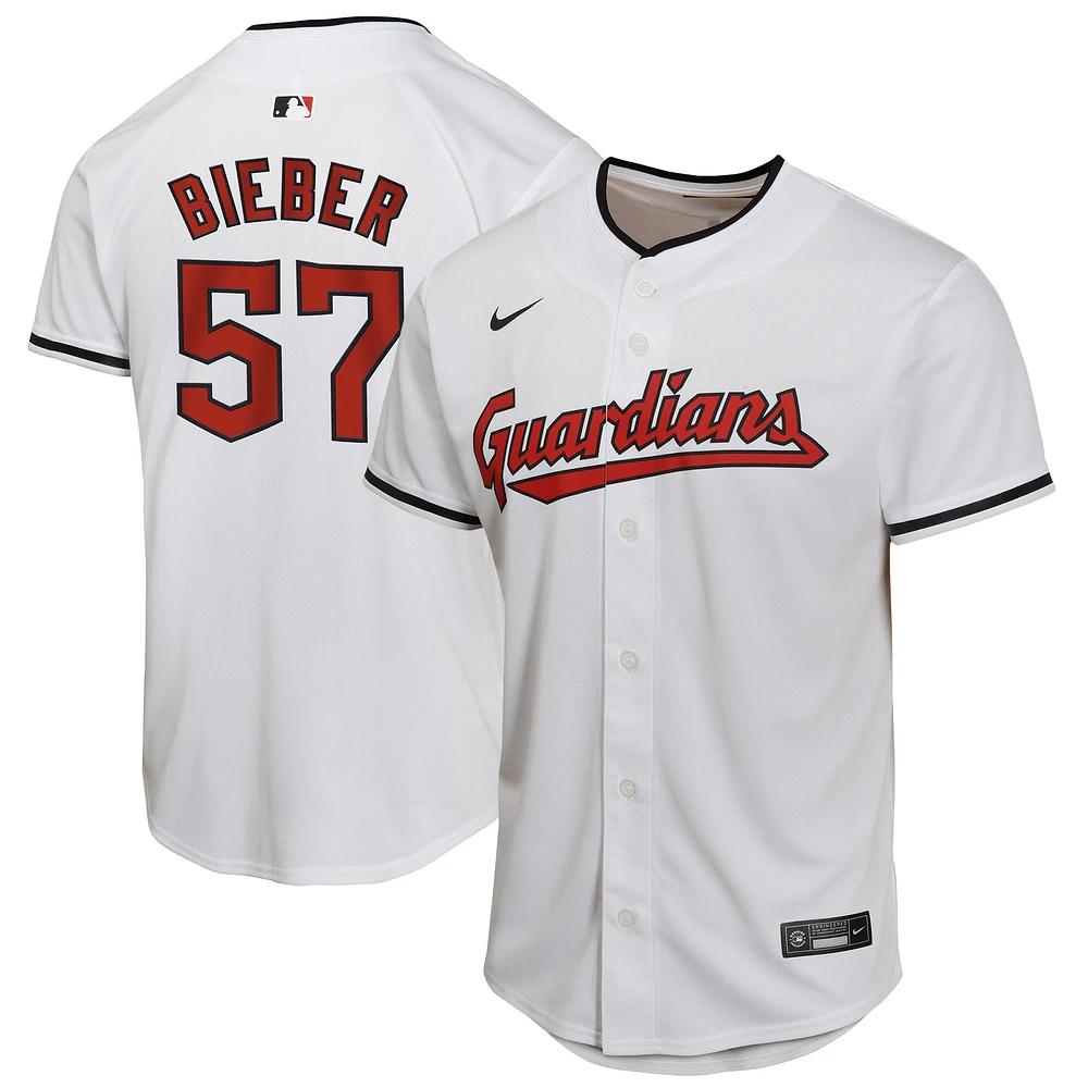 Maillot de joueur match à domicile Nike Shane Bieber pour jeunes des Cleveland Guardians, blanc