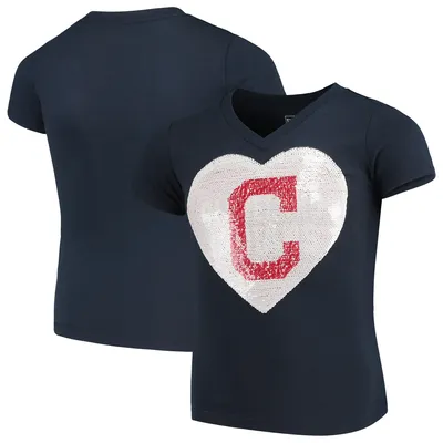 Cleveland Indians New Era Girls Youth Flip Sequins V-Neck T-Shirt - Navy