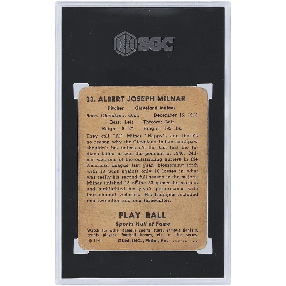 Happy Milnar Cleveland Indians 1941 Play Ball #33 SGC Authenticated 1.5 Card