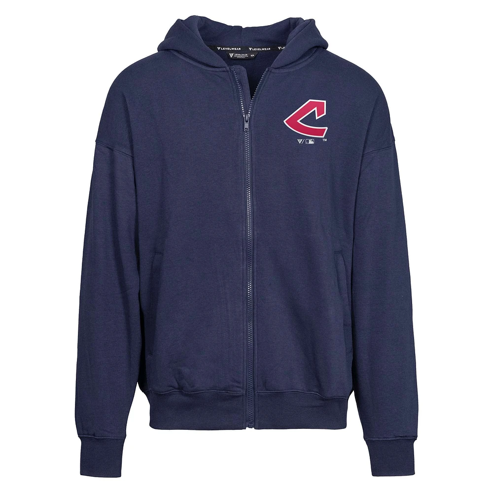 Men's Levelwear  Navy Cleveland Indians Cooperstown Collection Uphill City Core Logo Full-Zip Hoodie