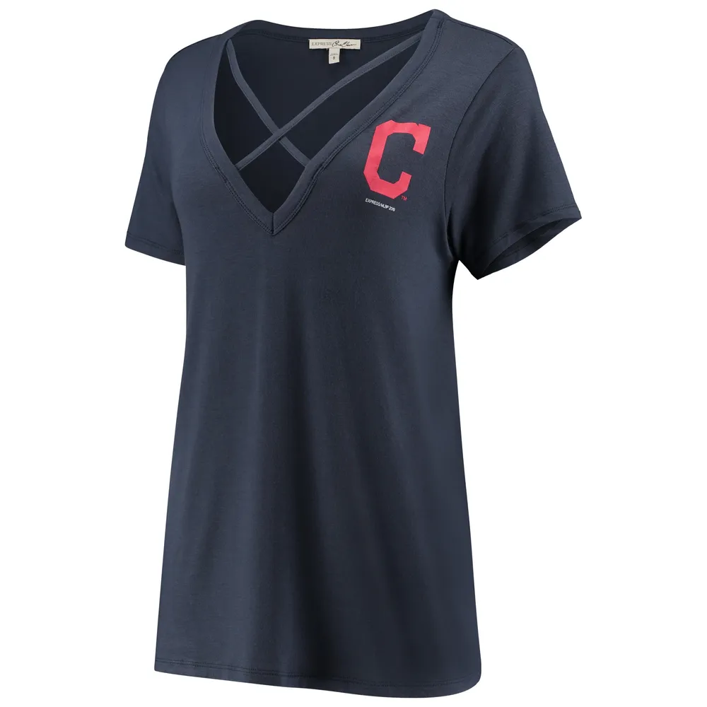 Women's Express Navy Cleveland Indians Strappy Boyfriend Tri-Blend V-Neck T-Shirt