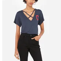 Women's Express Navy Cleveland Indians Strappy Boyfriend Tri-Blend V-Neck T-Shirt