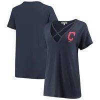 Women's Express Navy Cleveland Indians Strappy Boyfriend Tri-Blend V-Neck T-Shirt