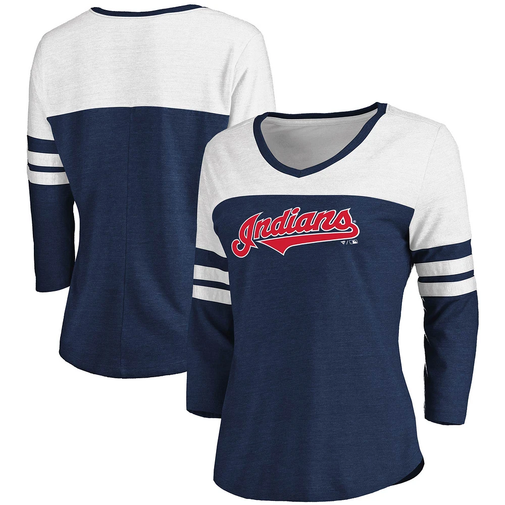 Women's Fanatics Heathered Navy/White Cleveland Indians Official Wordmark 3/4 Sleeve V-Neck Tri-Blend T-Shirt