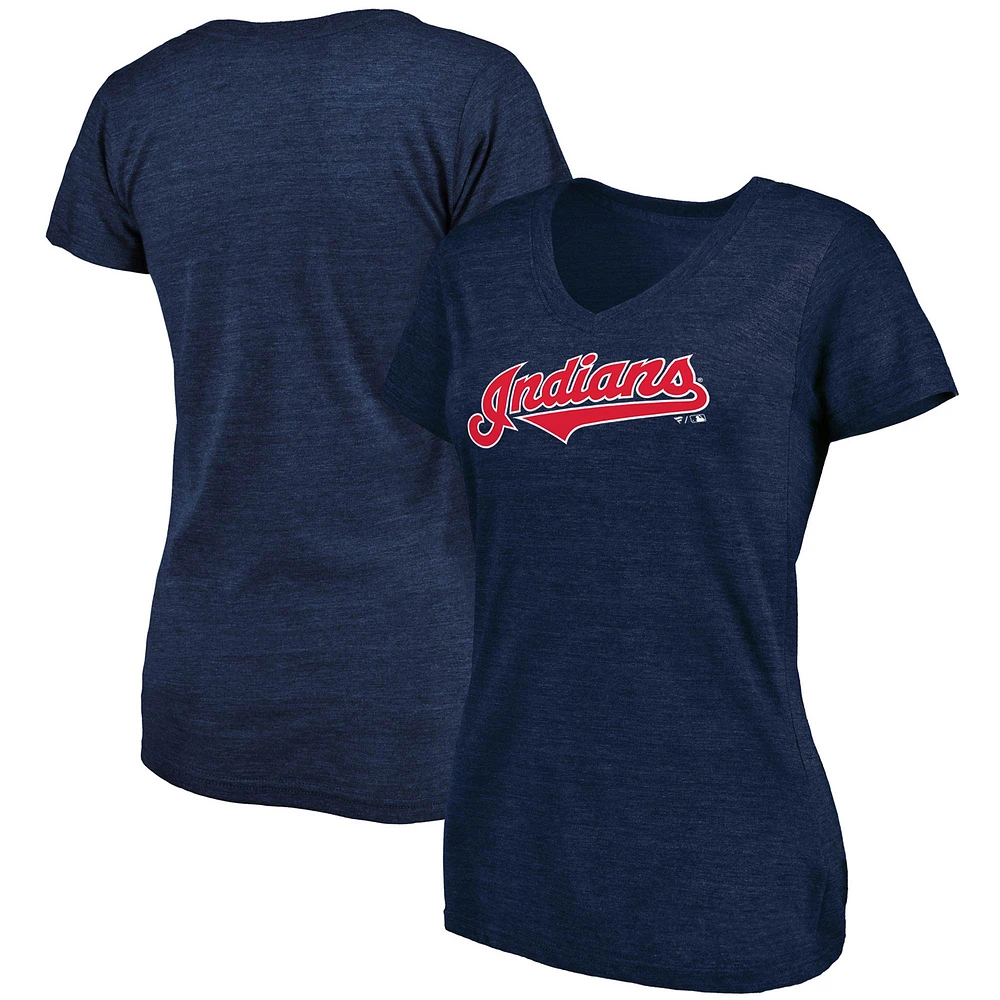 Women's Fanatics Heathered Navy Cleveland Indians Wordmark Tri-Blend V-Neck T-Shirt