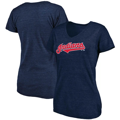 T-shirt tri-mélange à col en V Fanatics Heathered Navy Cleveland Indians pour femmes