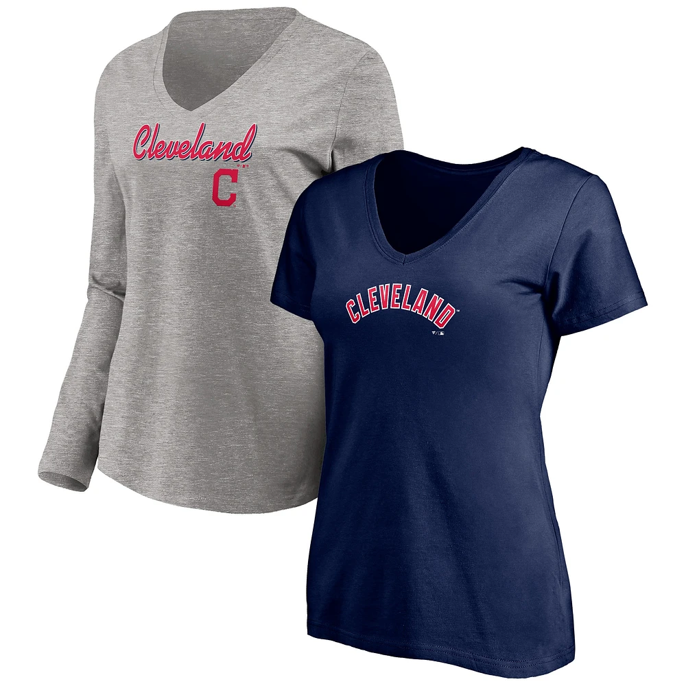 Ensemble combiné de t-shirts à col en V l'équipe des Cleveland Indians Fanatics pour femmes, bleu marine/gris chiné