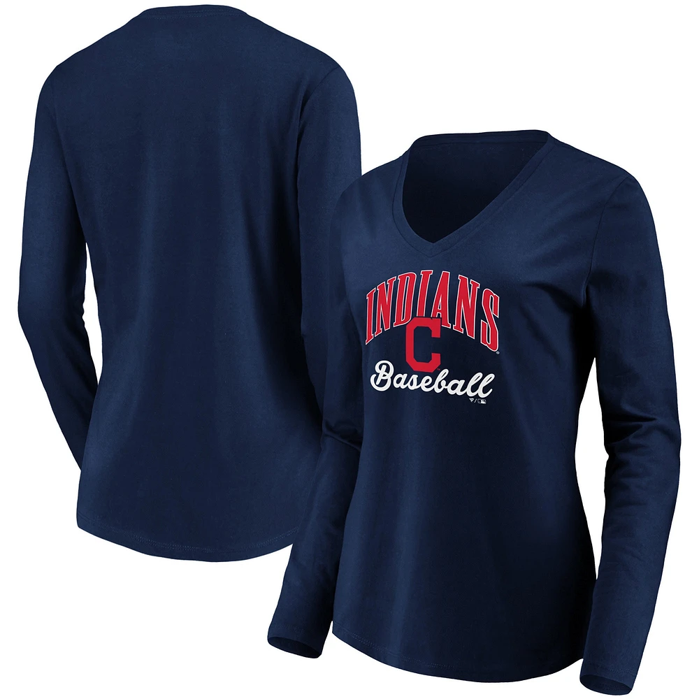 T-shirt à manches longues et col en V Fanatics pour femmes, bleu marine, Cleveland Indians Victory Script