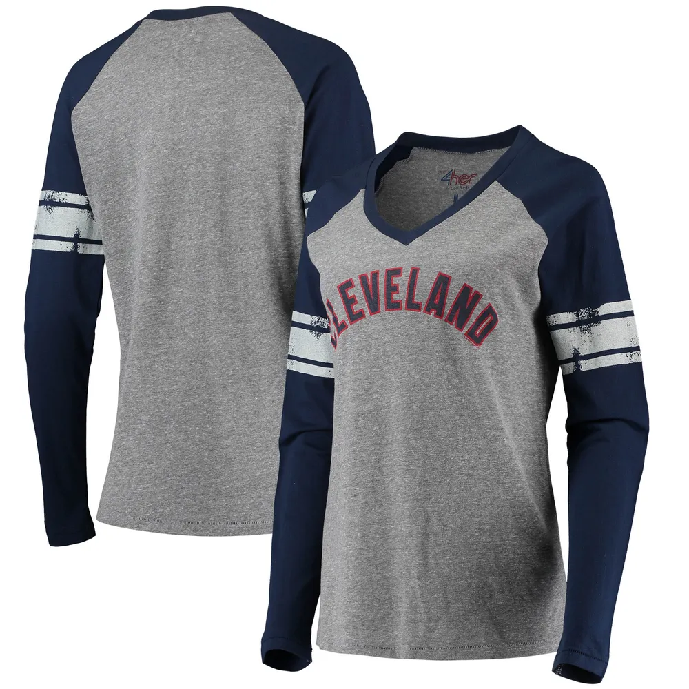Women's Cleveland Indians G-III 4Her by Carl Banks Gray/Navy Goal Line  Raglan V-Neck T-Shirt