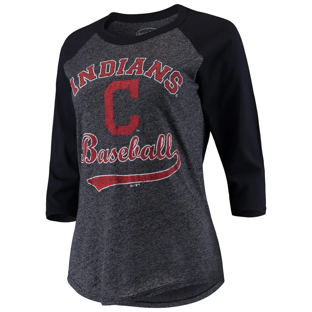 Majestic Threads Women's Majestic Threads Navy Cleveland Indians Team  Baseball Three-Quarter Raglan Sleeve Tri-Blend T-Shirt