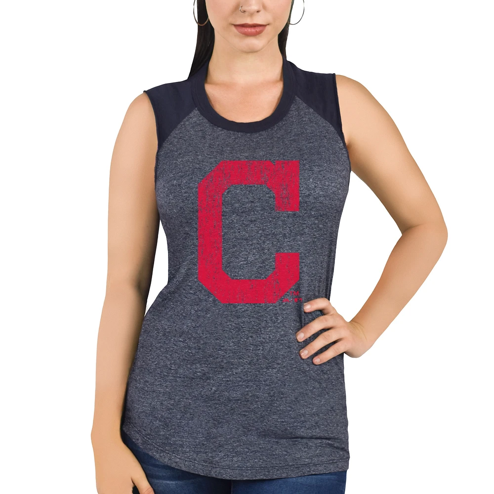 Majestic Threads - Débardeur raglan à trois mélanges bleu marine Cleveland Indians pour femme