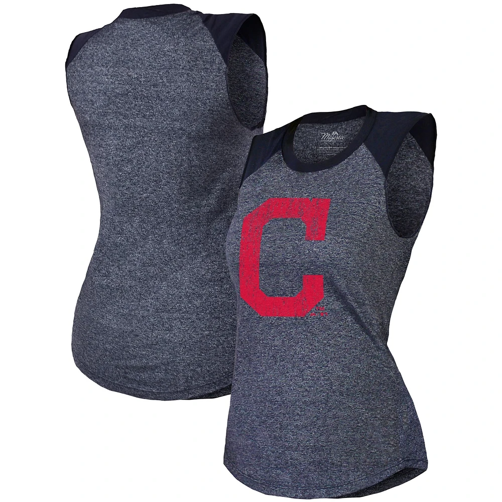 Majestic Threads - Débardeur raglan à trois mélanges bleu marine Cleveland Indians pour femme