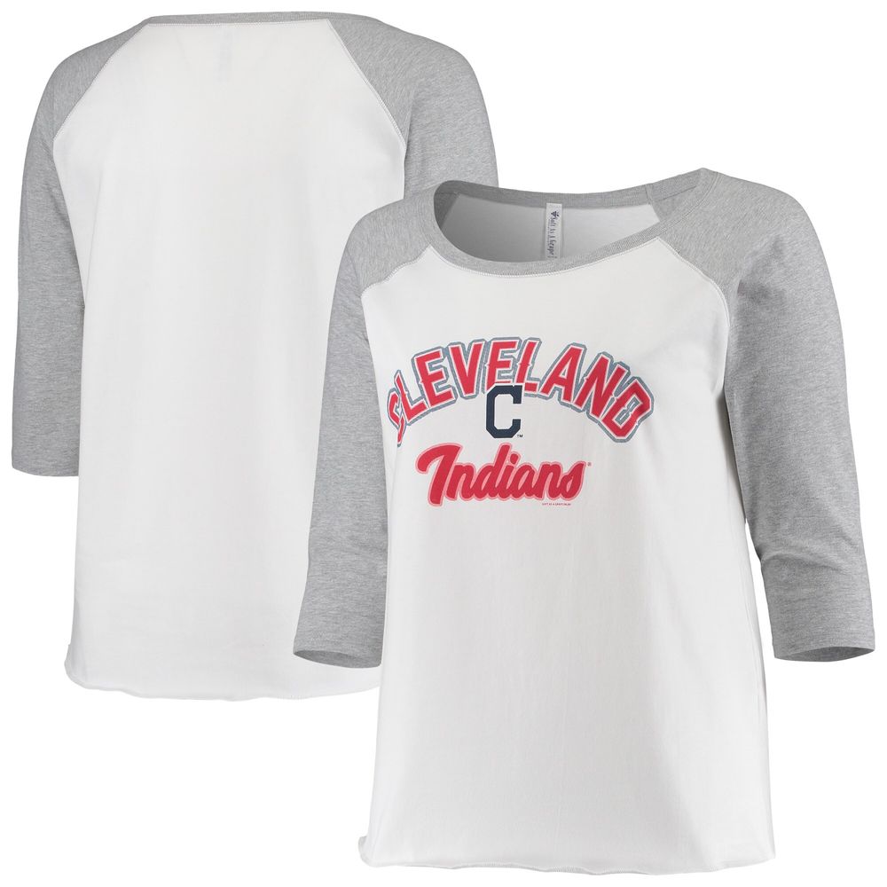 Women's Soft as a Grape White/Heathered Gray Cleveland Indians Plus Baseball Raglan 3/4-Sleeve T-Shirt