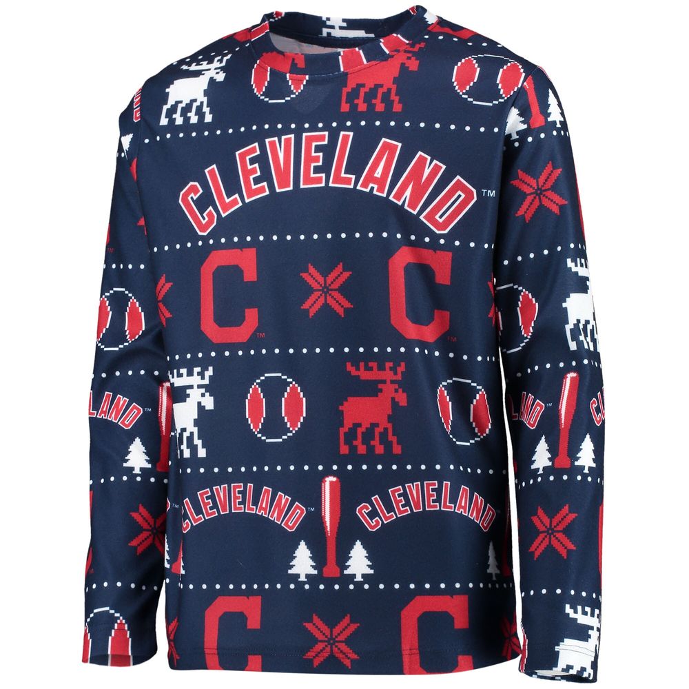 Youth Navy Cleveland Indians Allover Print Long Sleeve T-Shirt & Pants Sleep Set