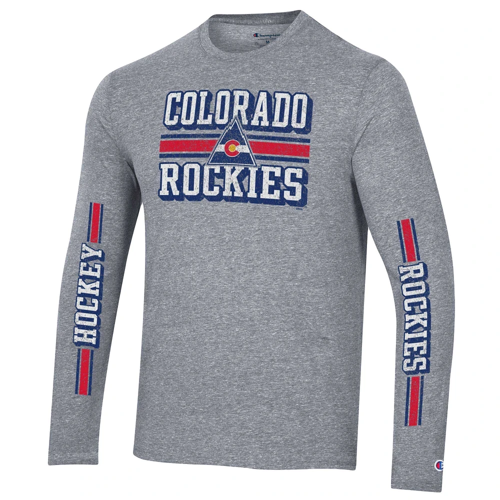 Men's Champion Heather Gray CO Rockies Tri-Blend Dual-Stripe Long Sleeve T-Shirt