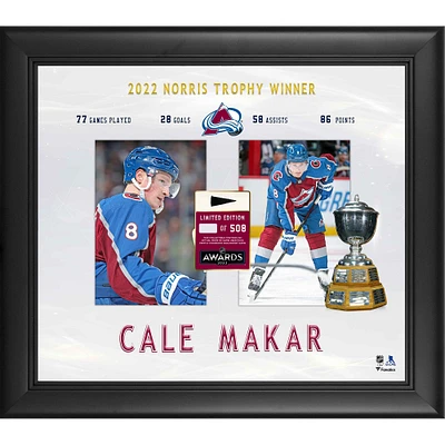 Cale Makar Colorado Avalanche encadré 15'' x 17'' Gagnant du Trophée Norris 2022 avec un morceau de rondelle utilisée lors du match - Édition limitée à 508