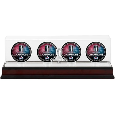 Vitrine de présentation du logo des quatre rondelles de hockey en acajou de l'Avalanche du Colorado, championne de la Coupe Stanley 2022
