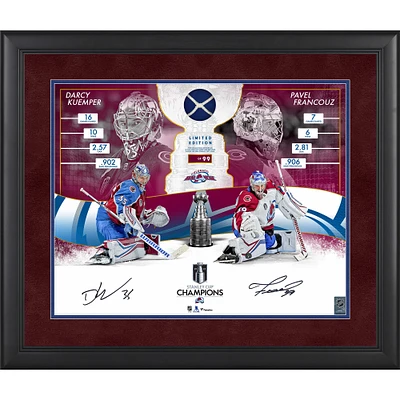 Collage encadré autographié de 16" x 20" de Darcy Kuemper et Pavel Francouz de l'Avalanche du Colorado, champions de la Coupe Stanley 2022, avec un morceau de filet utilisé lors du match de la finale de la Coupe Stanley 2022 - Édition limitée à 99