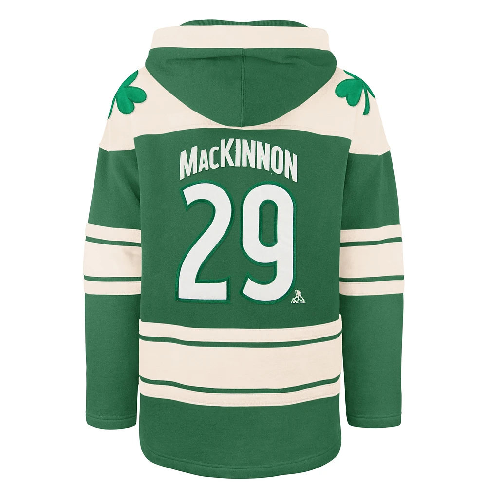 Men's '47 Nathan MacKinnon Kelly Green Colorado Avalanche St. Patrick's Day Player Name & Number Lacer Pullover Hoodie