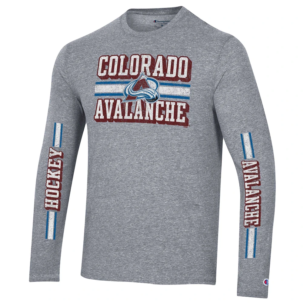 Men's Champion Heather Gray Colorado Avalanche Tri-Blend Dual-Stripe Long Sleeve T-Shirt