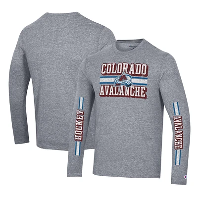 T-shirt à manches longues double bande tri-mélange Champion Heather Grey Colorado Avalanche pour hommes