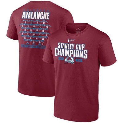 T-shirt Fanatics pour hommes bordeaux Colorado Avalanche 2022 Champions de la Coupe Stanley Big & Tall Roster