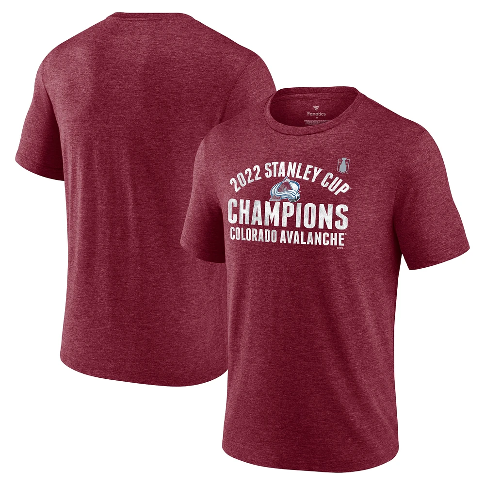 Men's Fanatics Burgundy Colorado Avalanche 2022 Stanley Cup Champions Slap Shot Tri-Blend T-Shirt