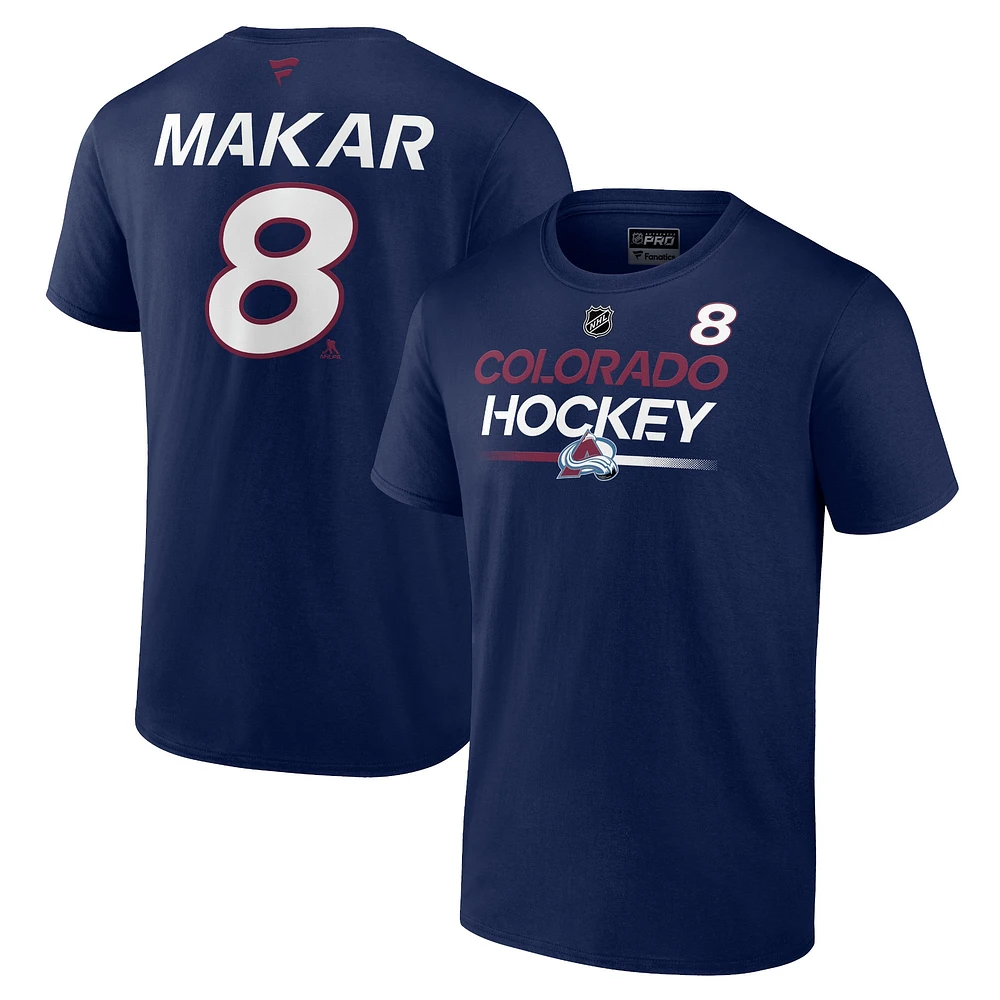 T-shirt avec nom et numéro Fanatics Cale Makar pour hommes, bleu marine, Colorado Avalanche Authentic Pro Prime