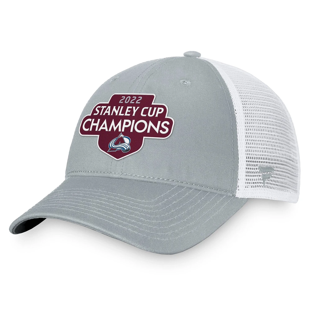 Men's Fanatics Gray/White Colorado Avalanche 2022 Stanley Cup Champions Locker Room Trucker Adjustable Hat