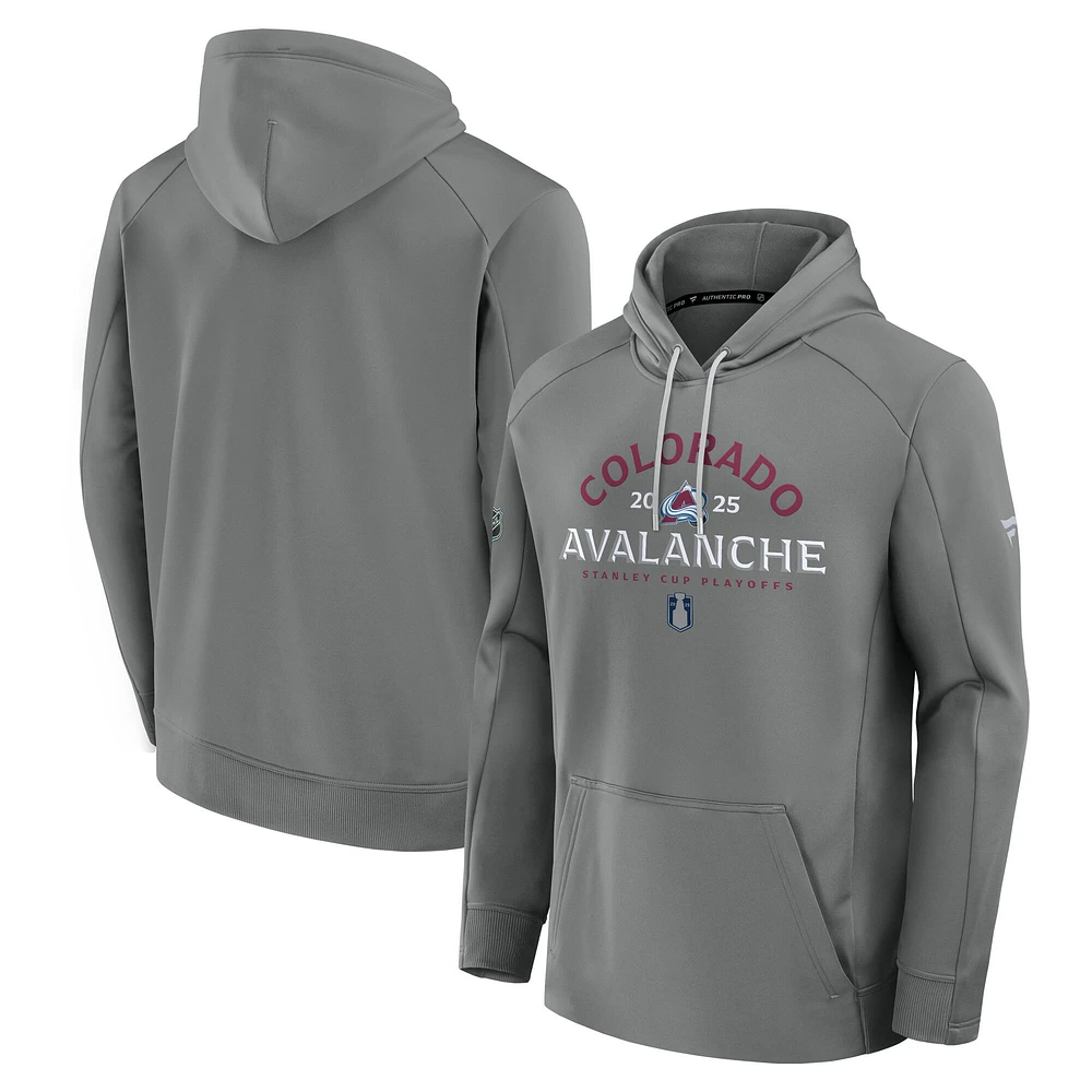 Men's Fanatics Gray Colorado Avalanche 2025 Stanley Cup Playoffs Authentic Pro Rink Fly Fleece Pullover Hoodie