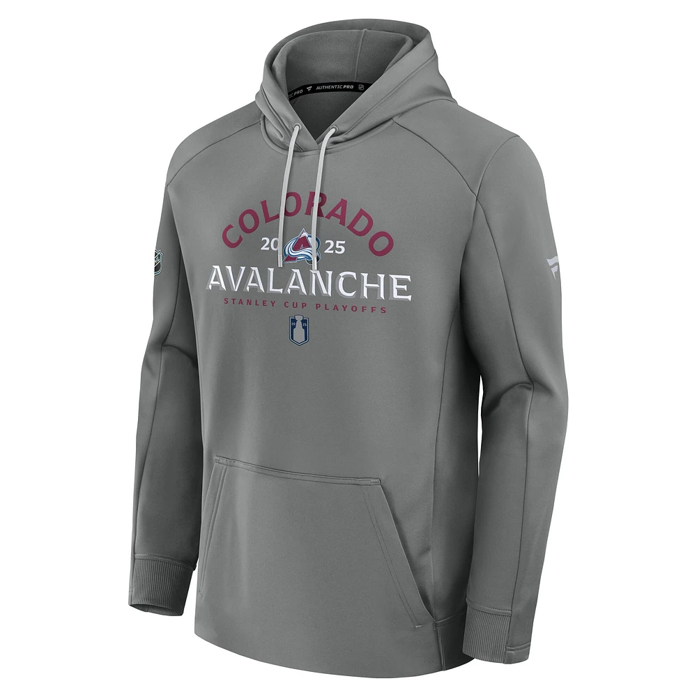 Men's Fanatics Gray Colorado Avalanche 2025 Stanley Cup Playoffs Authentic Pro Rink Fly Fleece Pullover Hoodie