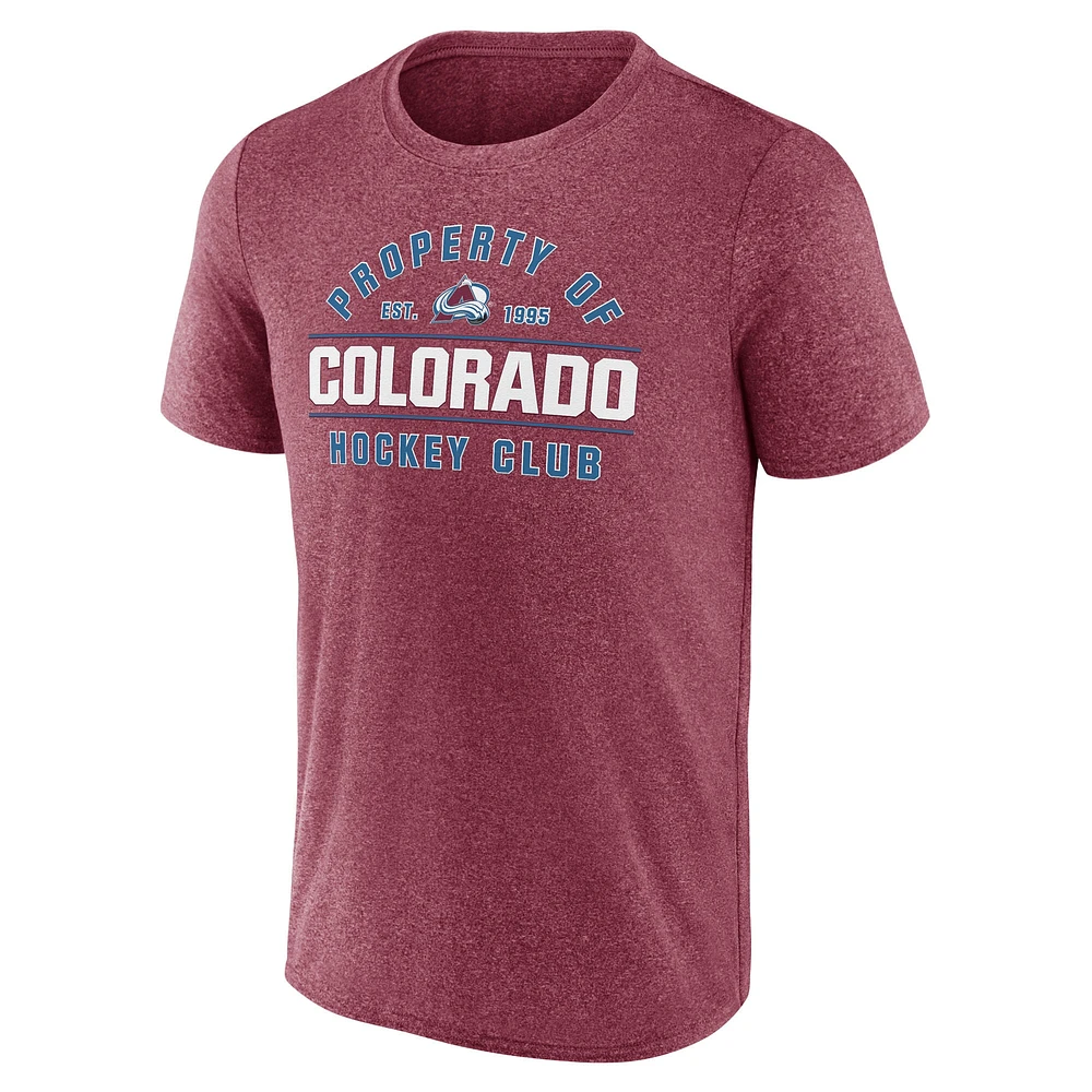 T-shirt Fanatics Heather Burgundy Colorado Avalanche pour homme avec logo Property Of