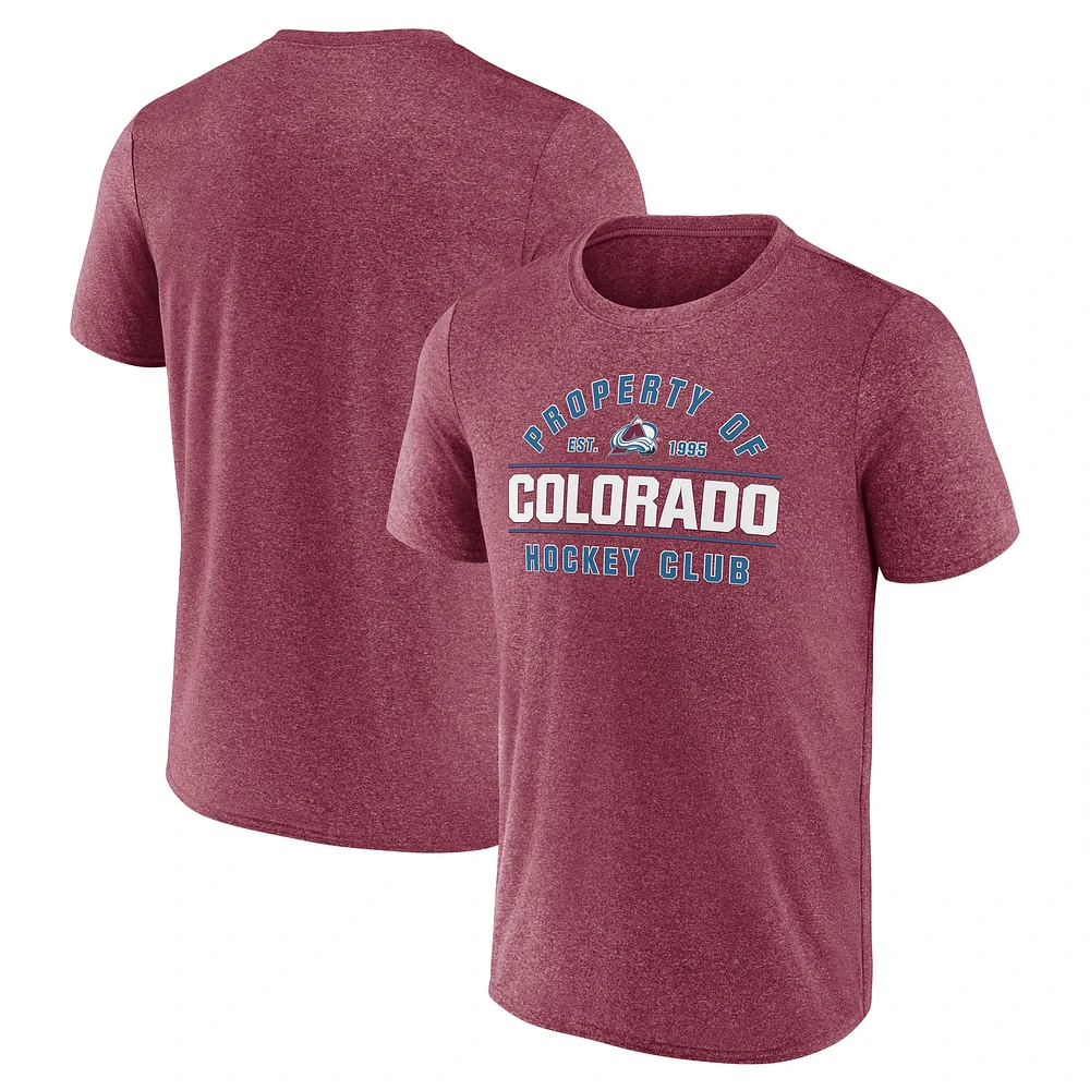 T-shirt Fanatics Heather Burgundy Colorado Avalanche pour homme avec logo Property Of