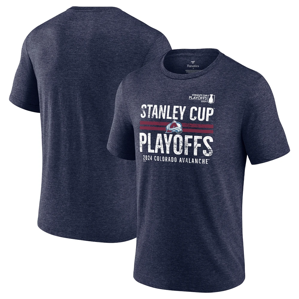 T-shirt tri-mélange à barre transversale des séries éliminatoires de la Coupe Stanley 2024 du Colorado Fanatics pour hommes, bleu marine