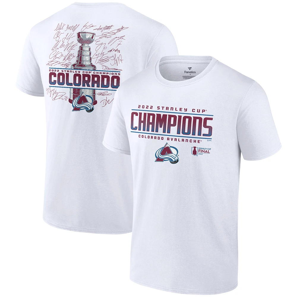 T-shirt blanc pour homme avec logo de l'équipe l'Avalanche du Colorado, champions la Coupe Stanley 2022