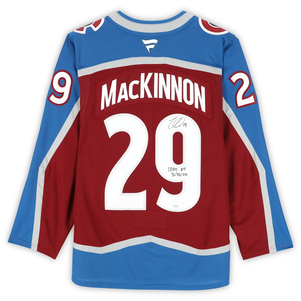 Nathan MacKinnon Colorado Avalanche Autographed Burgundy Fanatics Premium Jersey with "1,000th PT 3/10/25" Inscription - Limited Edition of 25