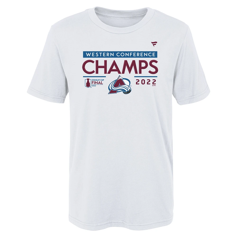 T-shirt blanc pour vestiaire des champions de la Conférence Ouest l'Avalanche du Colorado 2022 fanatiques préscolaires