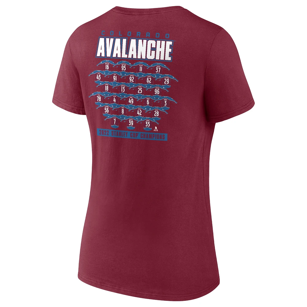 Women's Fanatics Burgundy Colorado Avalanche 2022 Stanley Cup Champions Jersey Roster V-Neck T-Shirt