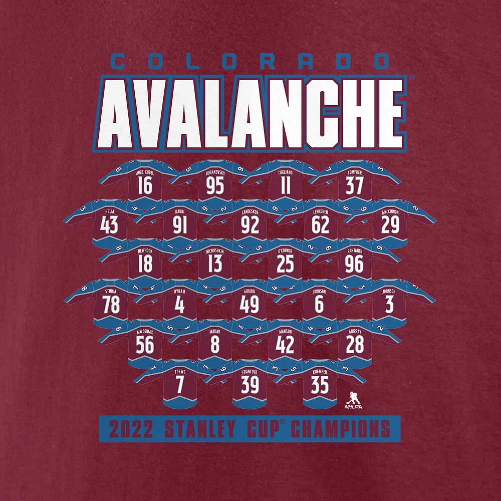 Women's Fanatics Burgundy Colorado Avalanche 2022 Stanley Cup Champions Jersey Roster V-Neck T-Shirt