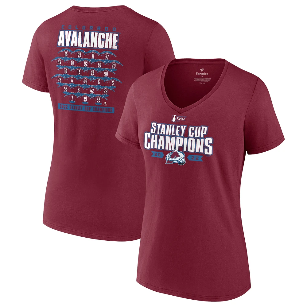 Women's Fanatics Burgundy Colorado Avalanche 2022 Stanley Cup Champions Jersey Roster V-Neck T-Shirt