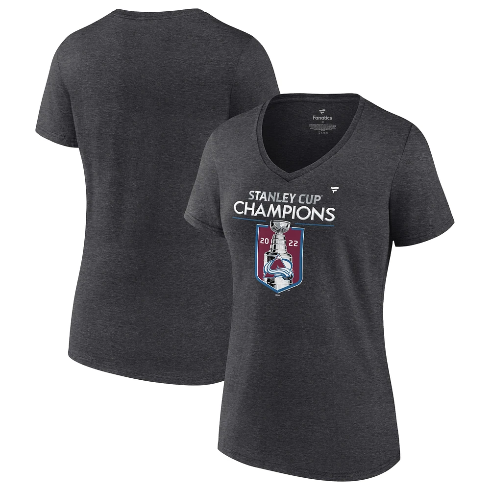 T-shirt à col en V pour femmes Fanatics Heathered Charcoal Colorado Avalanche 2022 Champions de la Coupe Stanley Locker Room